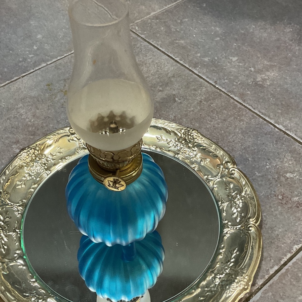 Vintage Blue Glass Oil Lamp